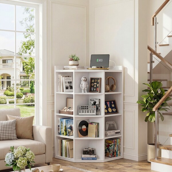 Corner Bookshelf with Charging Station ＆ Open Display Cubbies, L