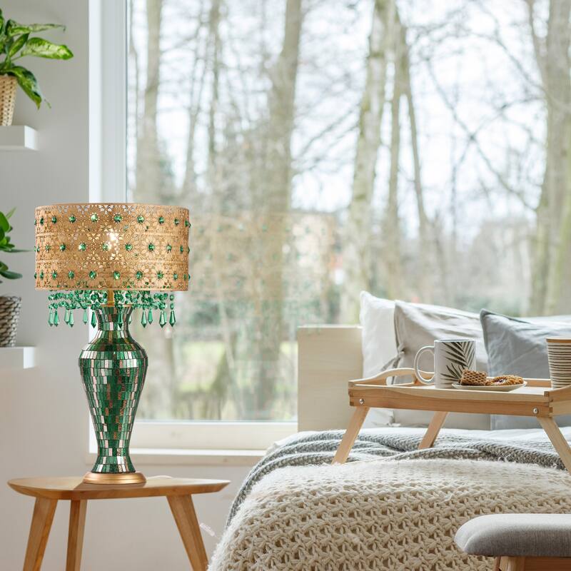 Bridget River of Goods Green and Gold Glass and Metal Drum Shade 25-Inch Table Lamp - 13.75" x 13.75" x 25"