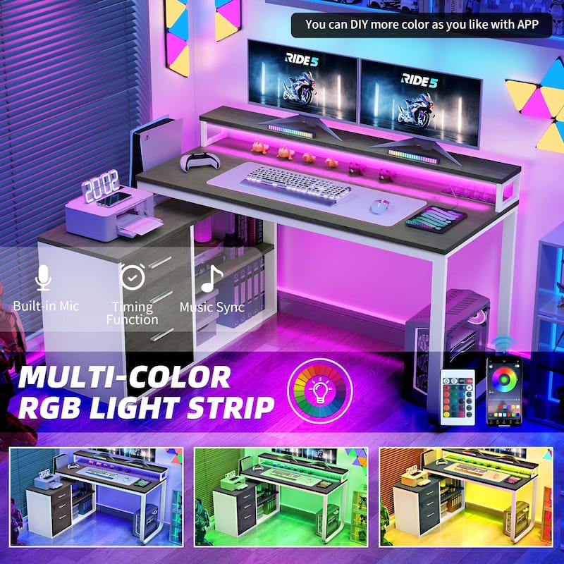 55 Inch L-shaped Gaming Desk with Power Outlets and LED Lights Computer Corner Desk with File Cabinet Monitor Stand