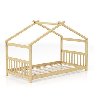 Twin House Bed Frame for Kids with Roof Design and Wood Slat Support