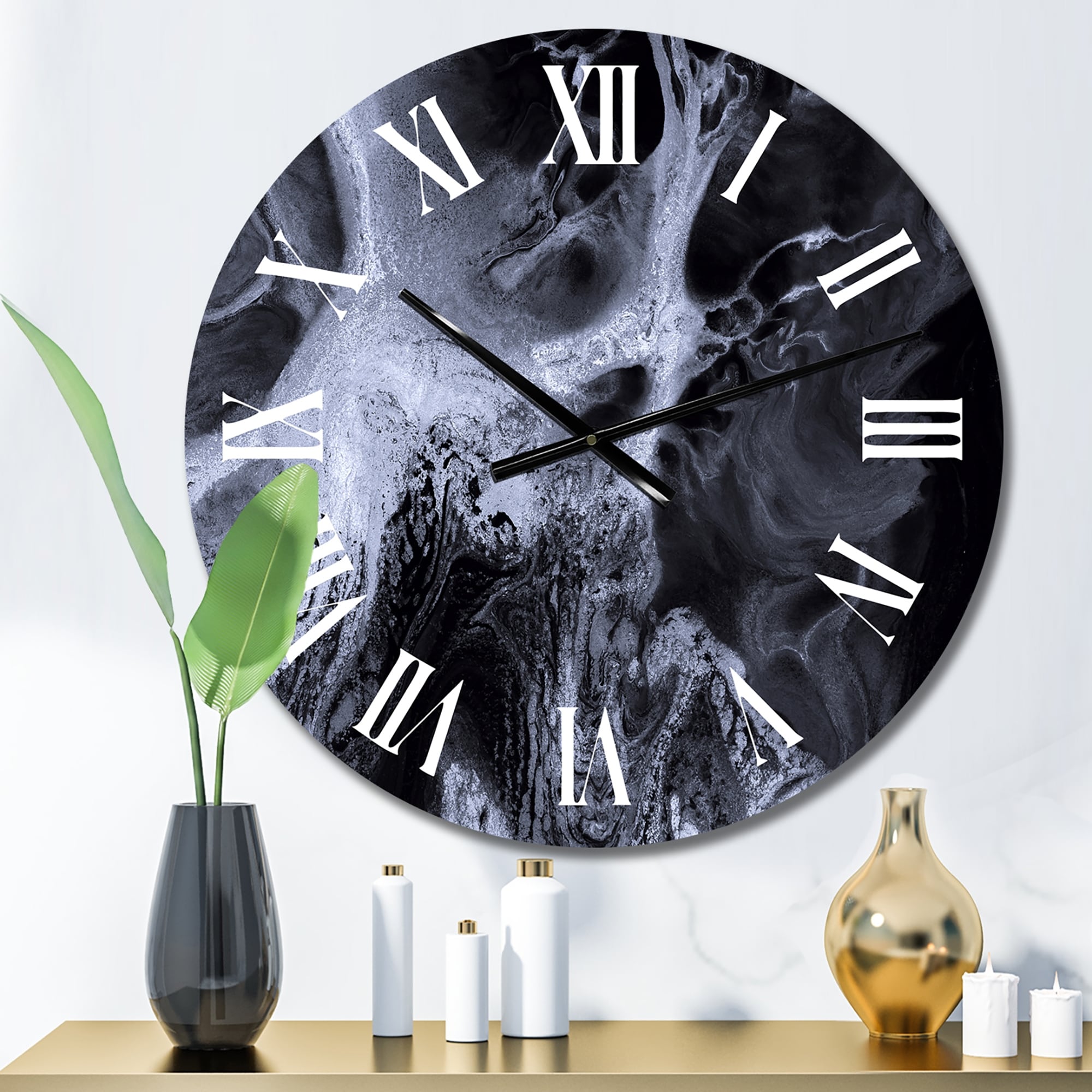 Designart 'Black And White Marble Waves' Modern wall clock