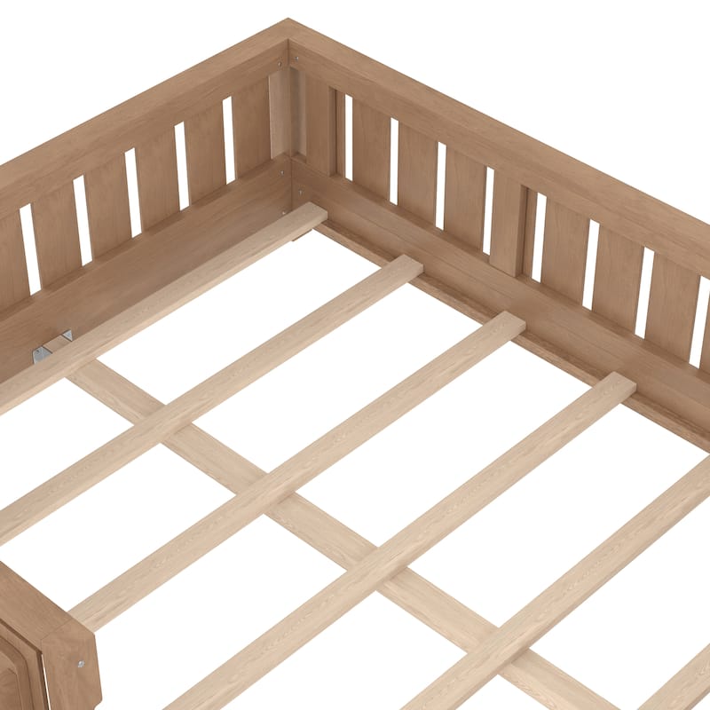 Low Profile Montessori Bed Floor Platform Bed with Fence and Bookshelf