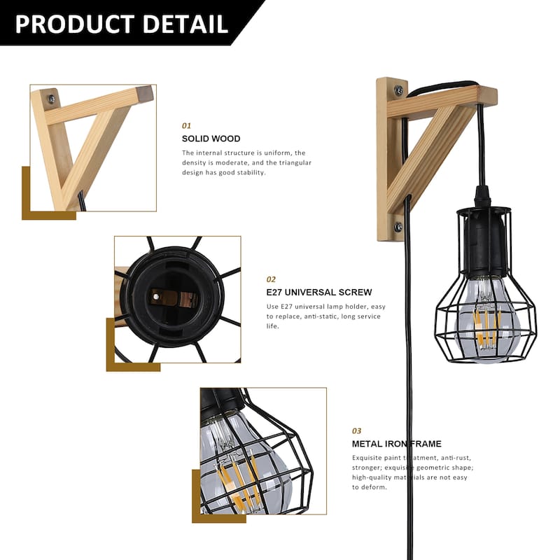 Modern Industrial Plug in Cord Cage Wall Lamp Lift Pipe - Black Wood Retro Rustic Pendant Lamp Adjustable Hanging Wall Light