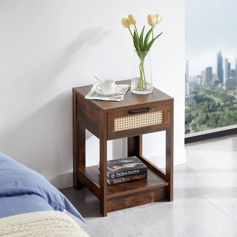 15.75" Rattan Side table with Drawer