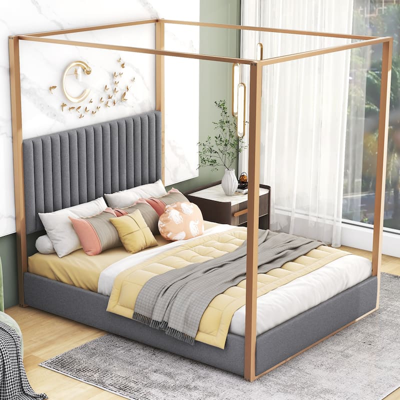 Queen Upholstered Canopy Bed with Foam-Filled Headboard, Metal Frame, and Pine Wood, Grey/Beige