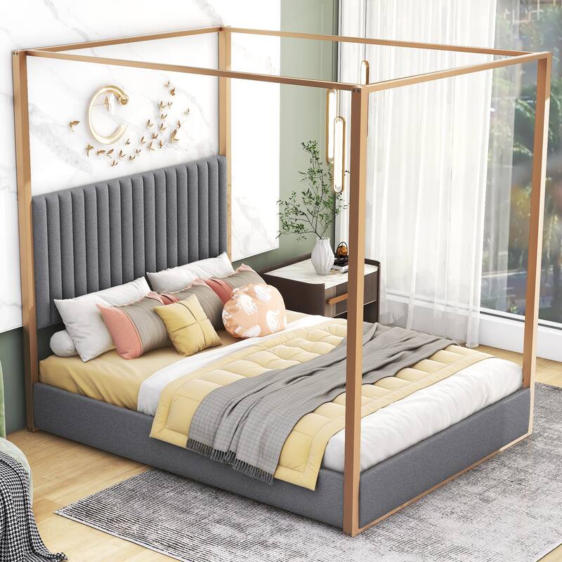 Queen Upholstered Canopy Bed with Headboard, Metal Frame, and Linen Upholstery, 4-Poster Modern Design, Easy Assembly