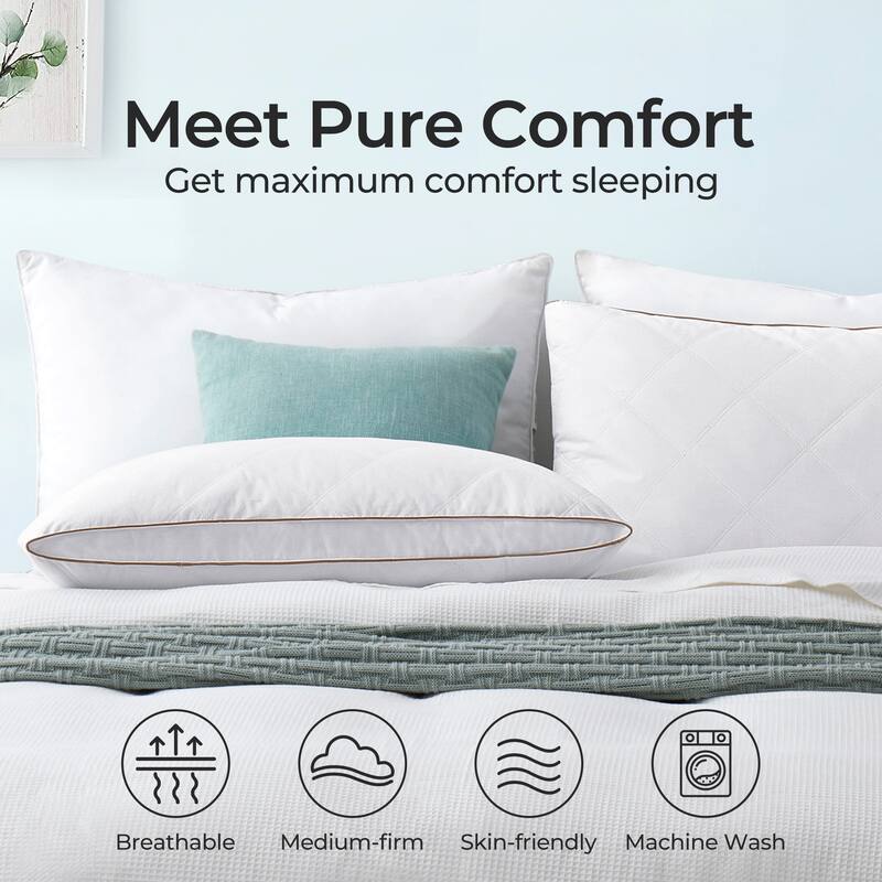 2 Pack Soft Gusseted Goose Feather Down Bed Pillows - White
