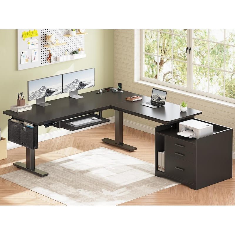 L Shaped Electric Standing Desk with File Cabinet Height Adjustable 63 x 53'' - Black