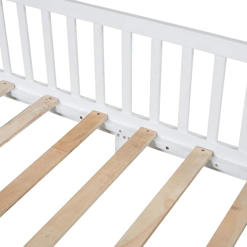 Solid Wood House Bed with Guardrail, LED, and Roof
