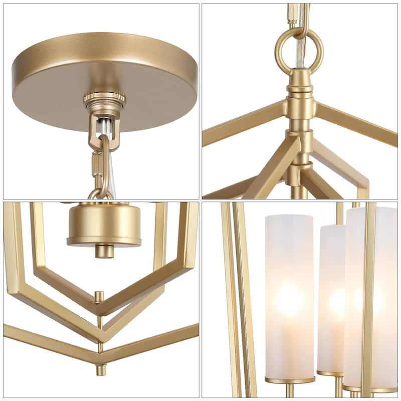 Modern Gold 4-Light Lantern Chandelier Geometric Glass Pendant Light Fixture for Kitchen Dining Room - 16.5"Dx27"H