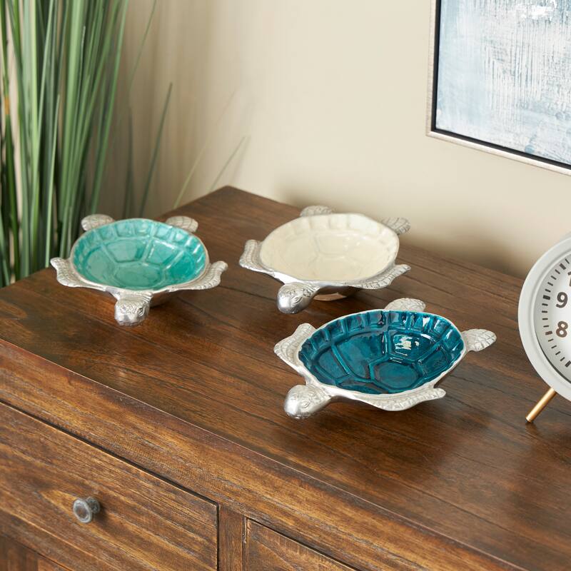 Multi Colored Aluminum Metal Handmade Enameled Decorative Bowl with Silver Base (Set of 3) - Multi Colored - 8"W, 2"H