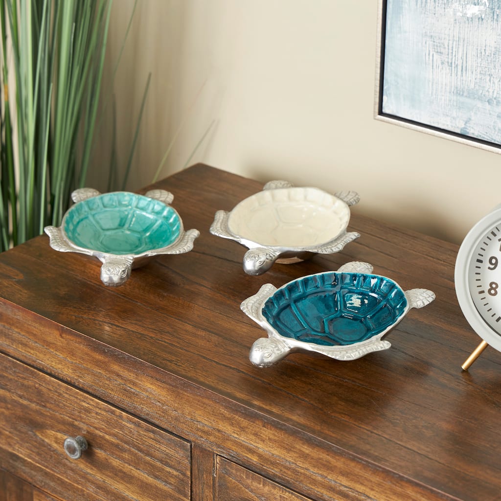 Multi Colored Aluminum Metal Handmade Enameled Decorative Bowl with Silver Base (Set of 3)