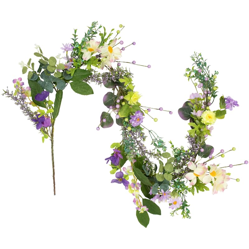 Daisy and Mixed Foliage Floral Spring Garland - 5' - Purple