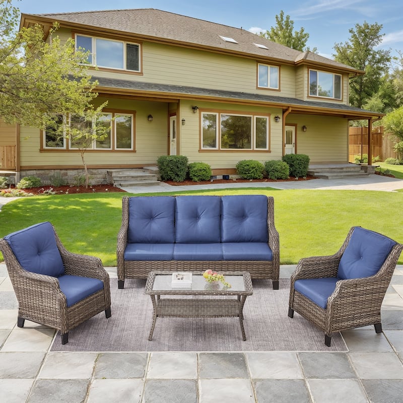 Rattan Chair Wicker Sofa with Coffee Table - Grey - Blue - Grey