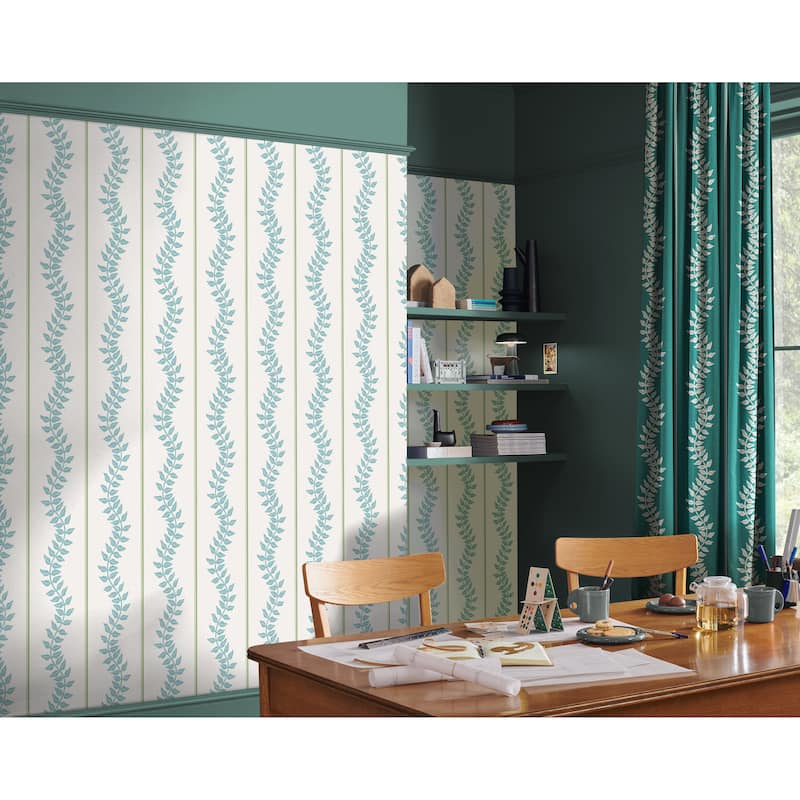 Graham & Brown Laurel Leaf Stripe Blue & Green Wallpaper