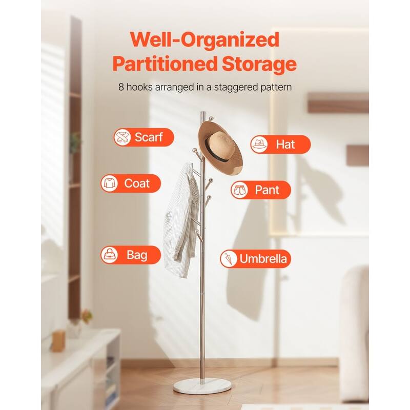 8-Hook Freestanding Coat Rack with Stainless Steel Frame and Marble Base for Home Organization - 14.57” x 14.57” x 68.11”