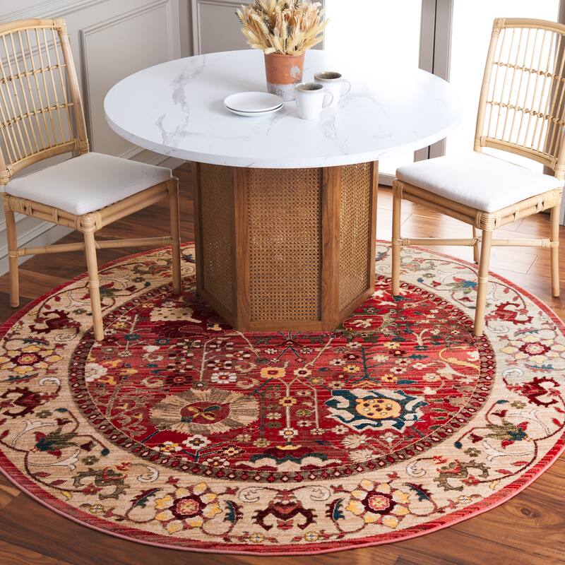 SAFAVIEH Kashan Laureen Oriental Rug with Fringe - 4' Round - Red/Beige