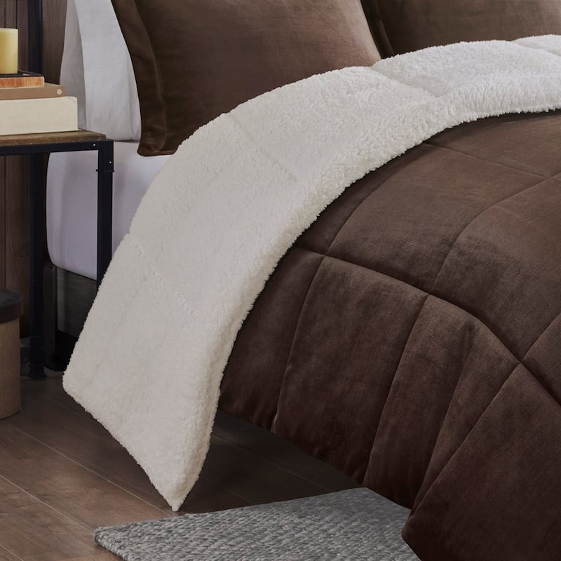 GDF Studio - Alton Plush to Sherpa Down Alternative Comforter Set - Brown & Ivory