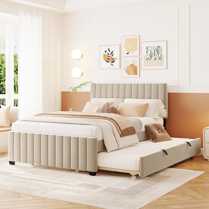 Twin Platform Bed with Trundle, Velvet Upholstered Bed Frame with Headboard, Wooden Twin for Bedroom - Beige - Full