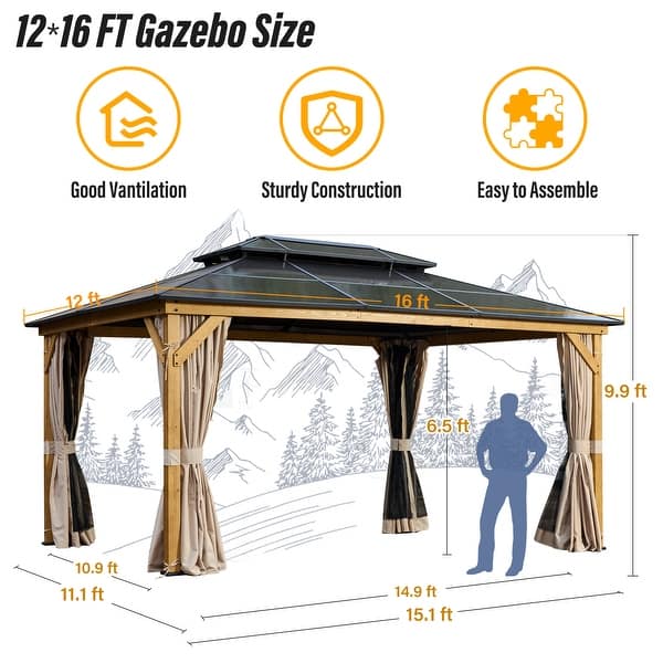dimension image slide 12 of 16, EROMMY Hardtop Gazebo,Outdoor Pergola with Double Roof & Netting & Curtains,Heavy Duty Canopy for Patio, Backyard, Pool party