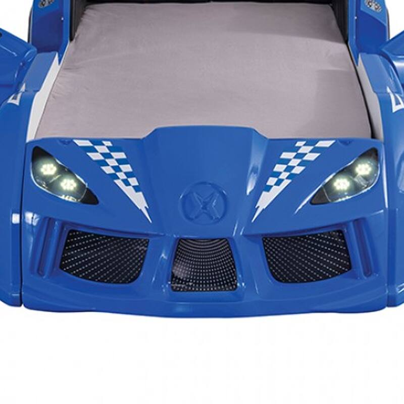 Ticy Twin Size Car Bed w Remote Control LED, Faux Leather Upholstery, Blue