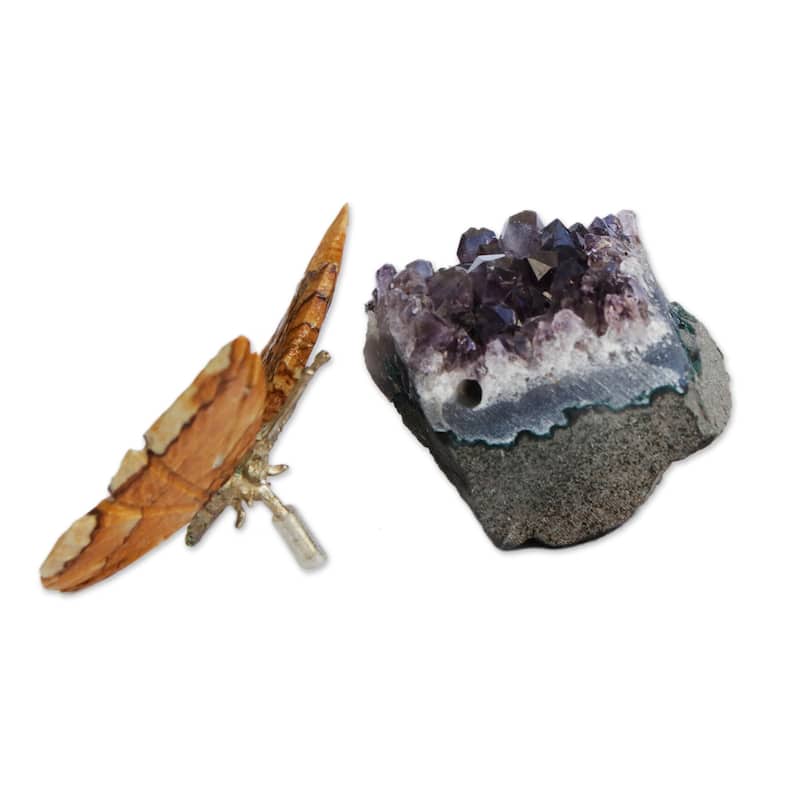 NOVICA Handmade Earthen Wings Jasper And Amethyst Gemstone Figurine (Brazil) - 3.1" H x 2.8" W x 2" D