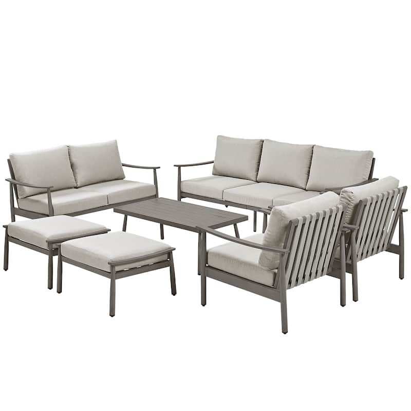 7-Piece Aluminum Patio Conversation Set, 3-Seat Outdoor Couch and Loveseat with Ottomans and Coffee Table - Grey