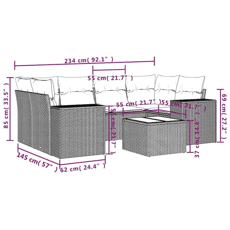 vidaXL 7 Piece Patio Sofa Set with Cushions Black Poly Rattan - 24.4" x 24.4" x 27.2"