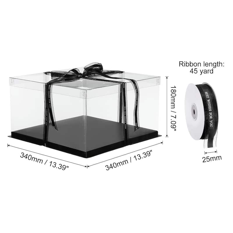 Clear Cake Box with Ribbon, 2Pcs 13"x13"x7" for 12 Inch Cake Packing - Black - 13"x13"x7"