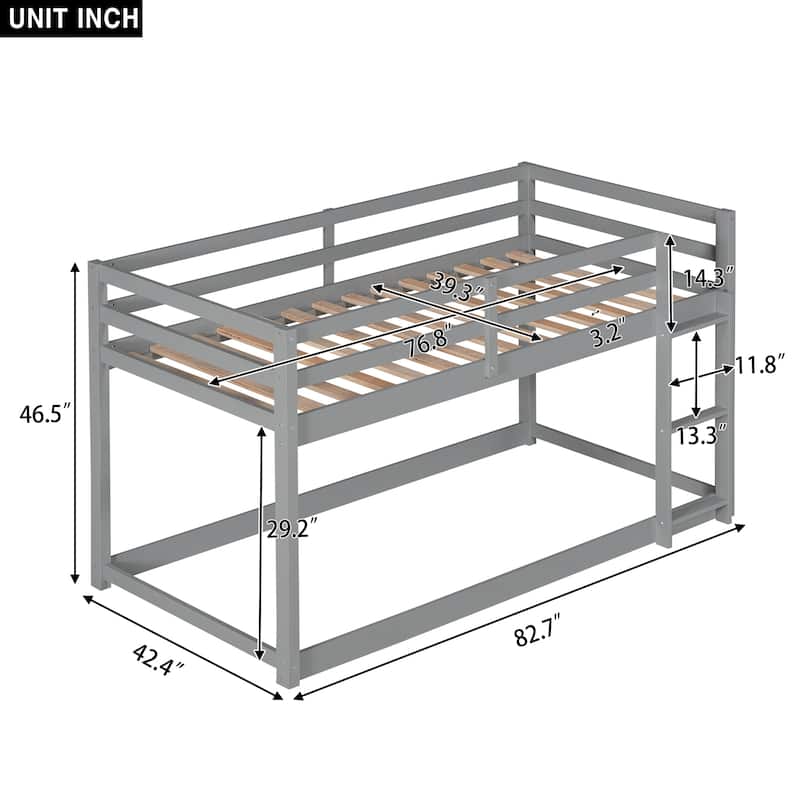 Twin over Twin Floor Bunk Bed with Ladder, Gray