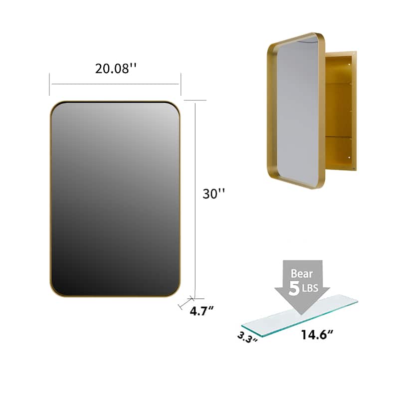 20x30 Inch Recessed Metal Framed Medicine Cabinet with Mirror and Adjustable Shelves Black Wall Mirror with Storage