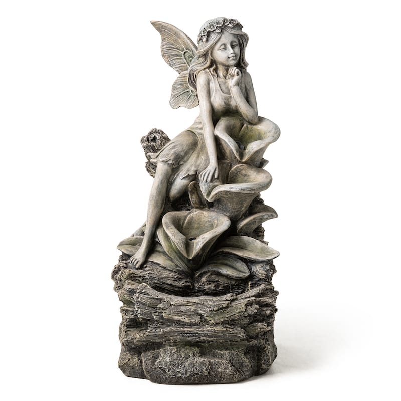 Glitzhome 22"H 4-Tiered LED Lighted Mermaid Fairy Polyresin Outdoor Floor Statue Fountains