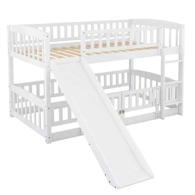 Twin-Over-Twin Bunk Bed with Slide Ladder & Slide, Solid Wood Low Bunkbed Frame w/Guardrail for Kids Teens, No Box Spring Needed