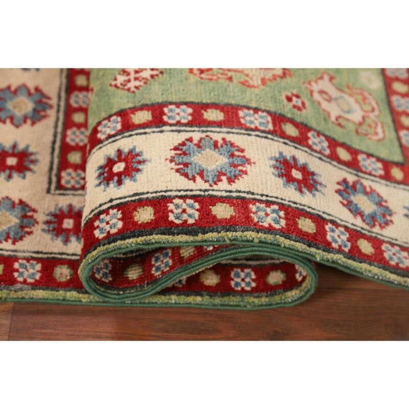 Light Green Geometric Kazak Foyer Rug Hand-Knotted Wool Carpet - 2'10" x 4'2"