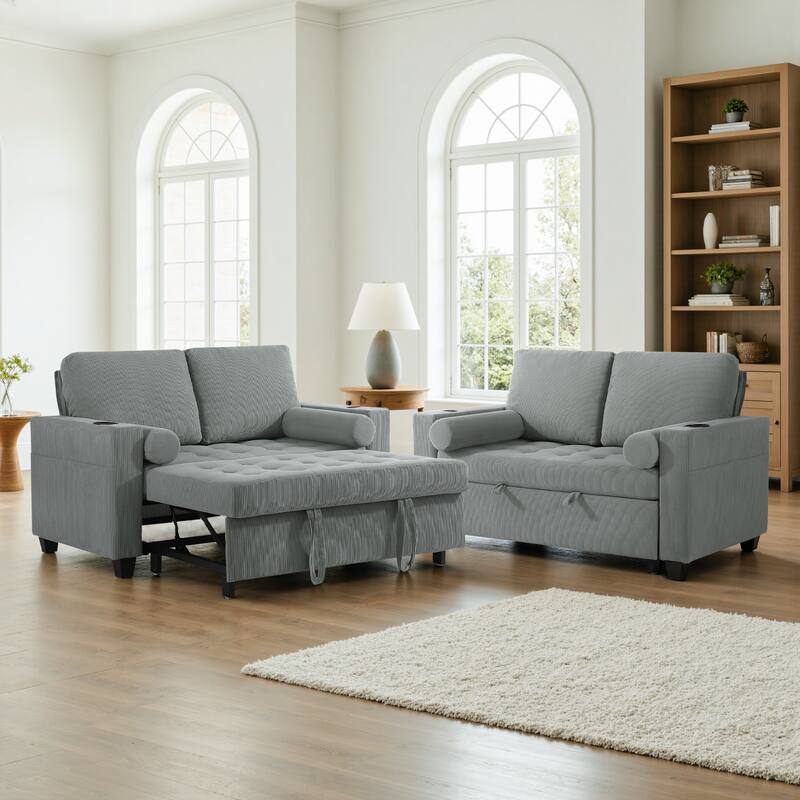 2 Set Corduroy Convertible Sleeper Sofa Bed Loveseats with Cup Holder, USB Ports - Grey