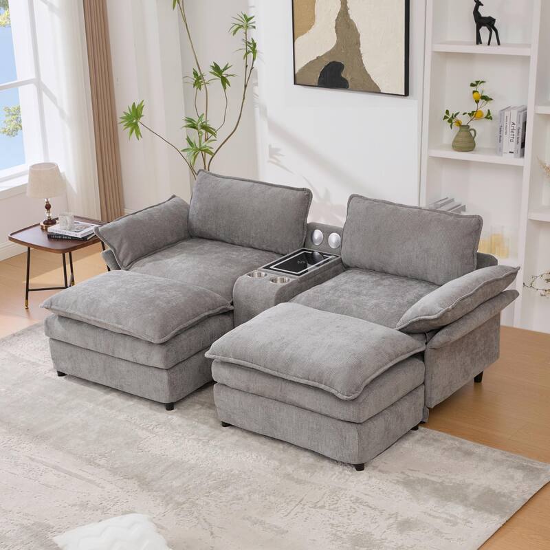 Modular Sectional Sofa, U Shaped Couch with 2 Ottomans, Storage Console & Wireless Charging, 2 Cup Holders, Bluetooth Speakers