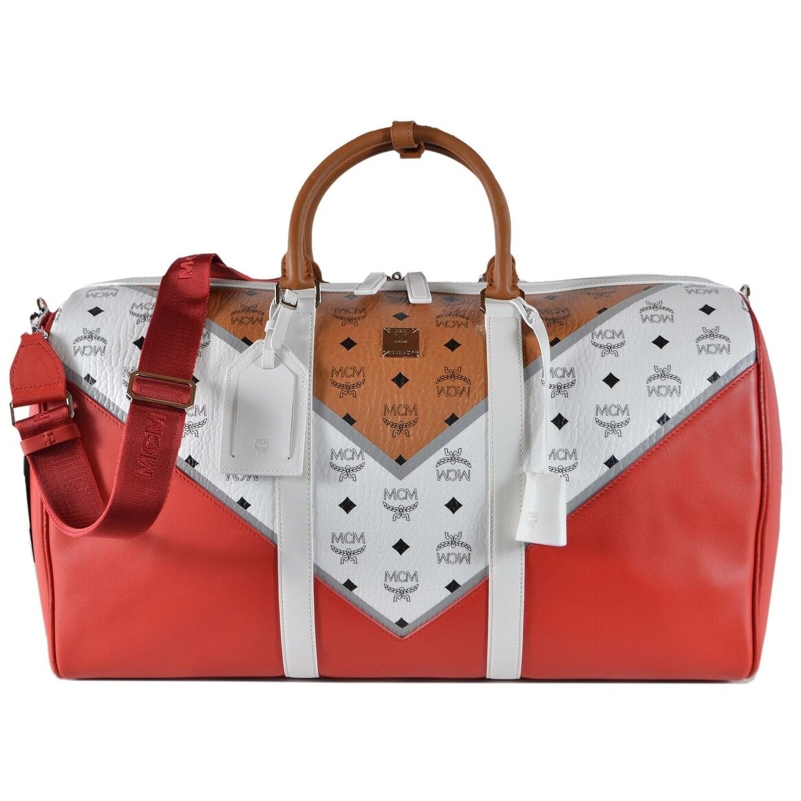 red mcm duffle bag