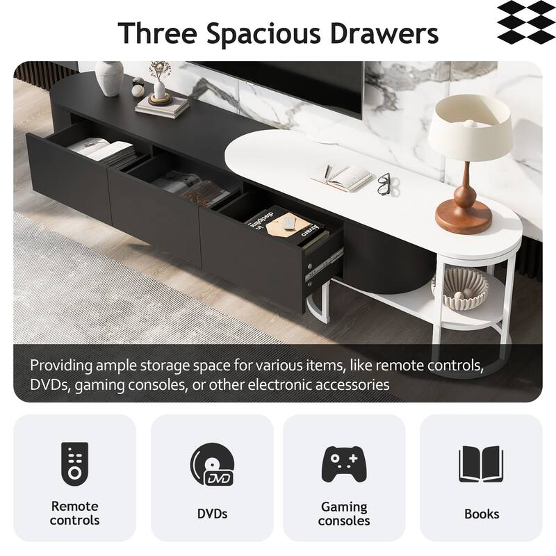 67.7"-76.4" Modern TV Stand with Adjustable Length & Height, 3 Storage Drawers, Metal Legs for Living Room