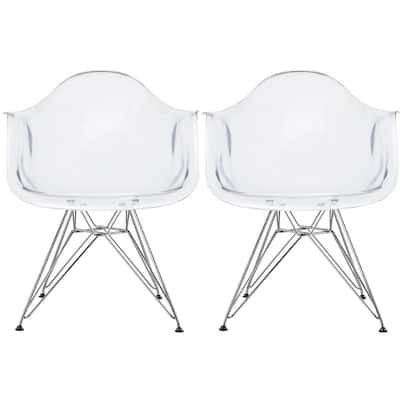 Set of 2 Clear Modern Designer Acrylic Plastic Chair With Arms Armchairs Dining Silver Solid Chrome Office