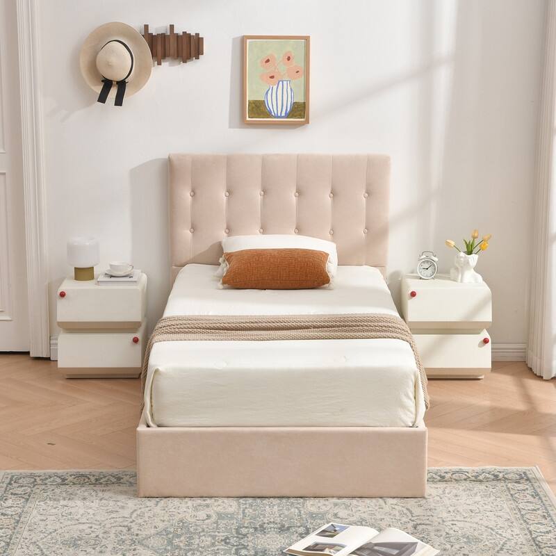 Plywood Frame Upholstered Platform Bed with Lift-up Storage - Khaki - Twin