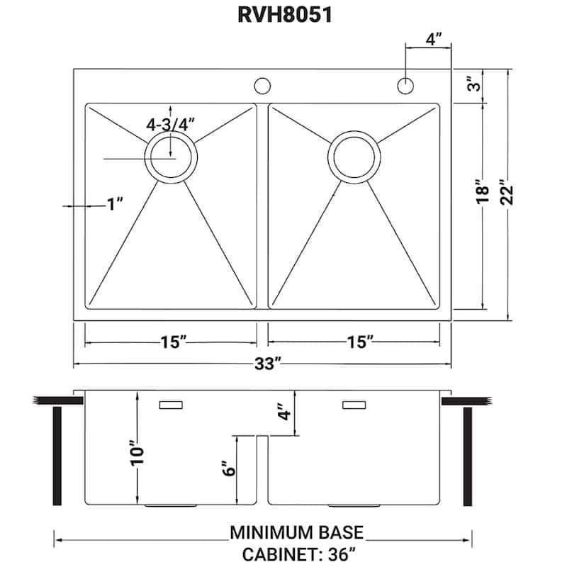 Ruvati 33 x 22 inch Drop-in 50/50 Double Bowl Tight Radius 16 Gauge Topmount Stainless Steel Kitchen Sink - RVH8051 - 8' x 11'