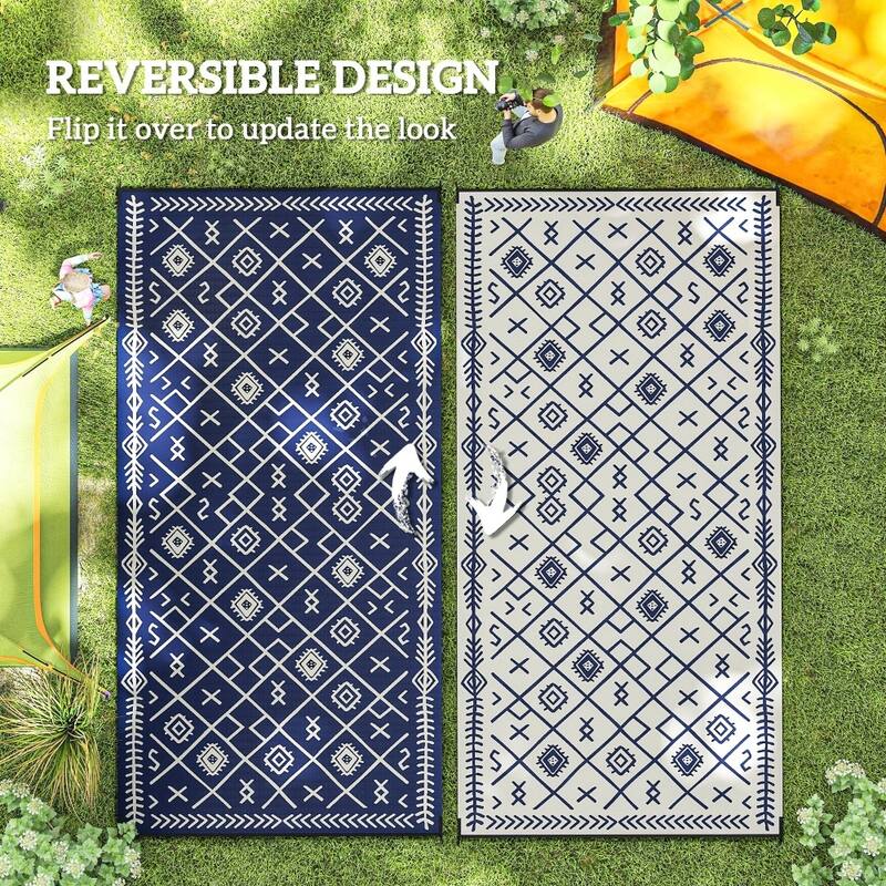 Reversible Outdoor Rug Rhombus Pattern, UV-Protected Foldable Polypropylene Mat with Carry Bag - 215.7" L x 107.9" W