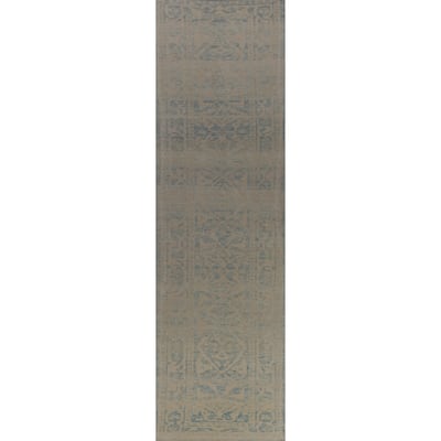 Hand Knotted Oriental 100% Wool Carpet Transitional Geometric Navy Blue & Blues Oushak Runner Rug - 16' 8'' X 3' 2''