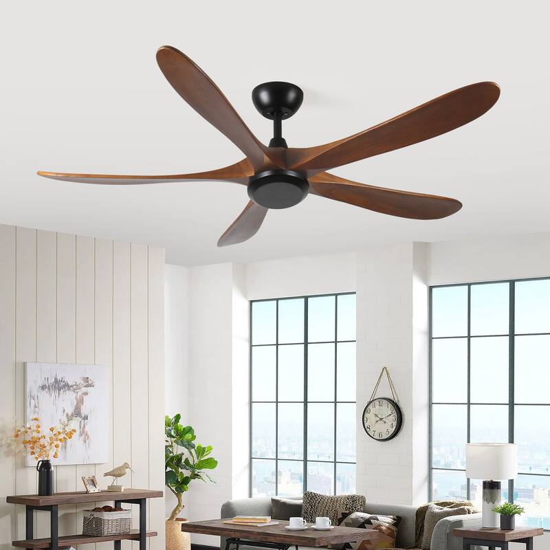 Solid Wood Reversible Ceiling Fan No Light with Remote Control, 62 Inch Low Profile Wood Ceiling Fan with 3 Down Rods - Natural+Black