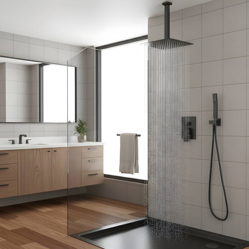 Ceiling-Mounted Square Shower System and Handheld Showerhead Set