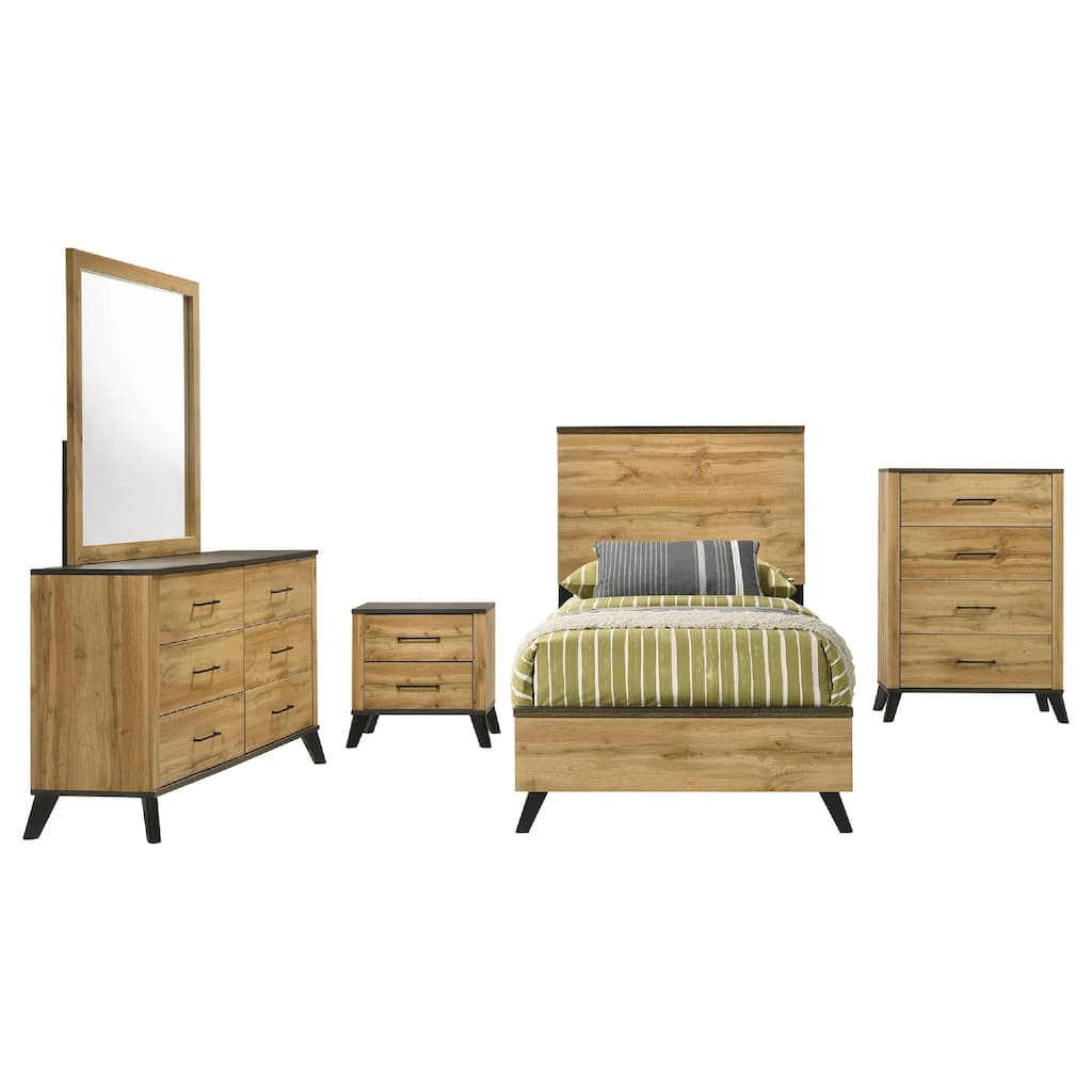 Wemy 5 Piece Twin Size Bed Set, Rustic Brown Pine Wood, Tapered Legs