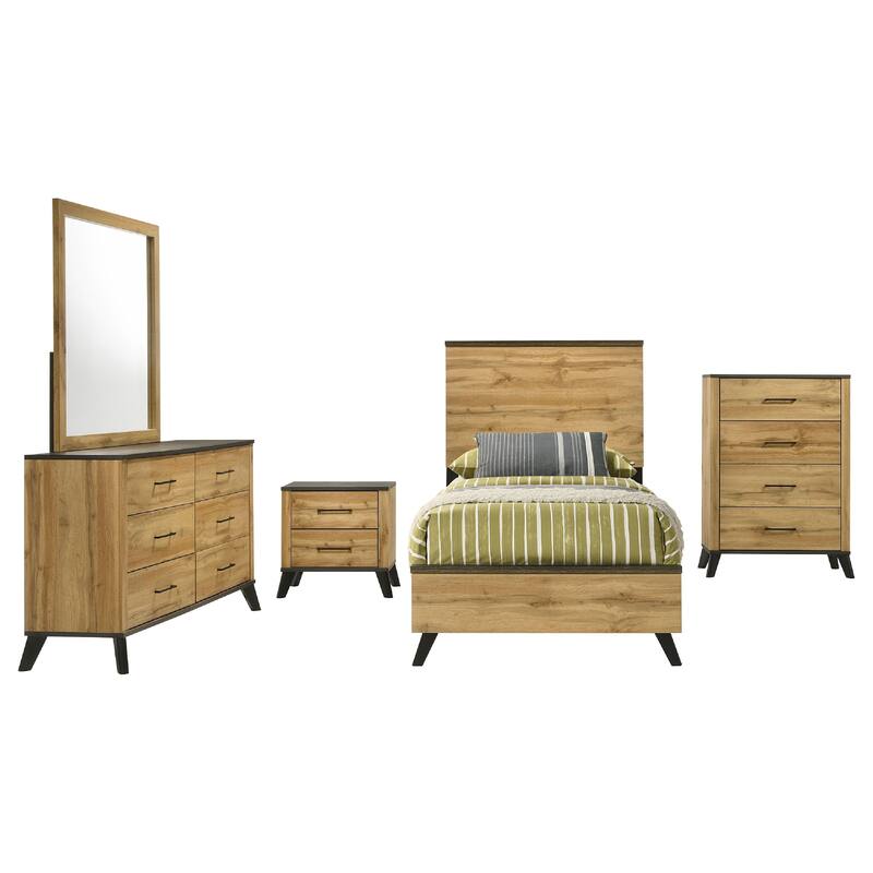 Wemy 5 Piece Twin Size Bed Set, Rustic Brown Pine Wood, Tapered Legs