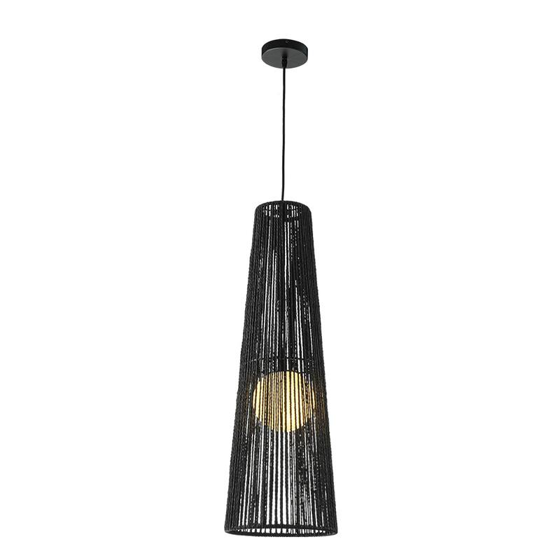 1-Light Modern Black Hand-Woven Rattan Chandelier Bubble Trasitional Cylinder Medium Natura Pendant Light For Bedroom