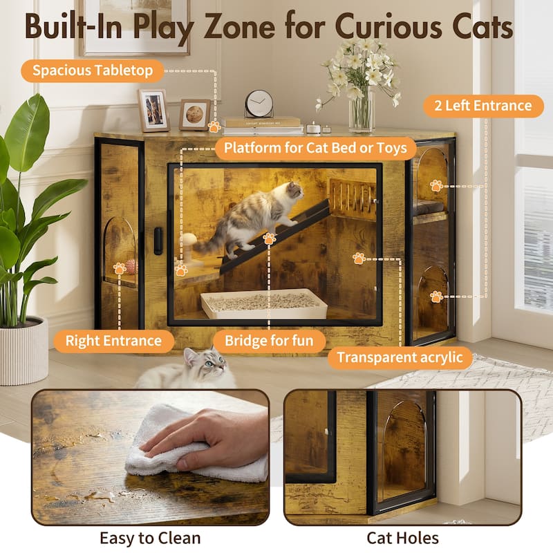 48" Corner Cat Litter Box Enclosure, Modern Hidden Litter Box Corner Cabinet with Acrylic Door and LED Light