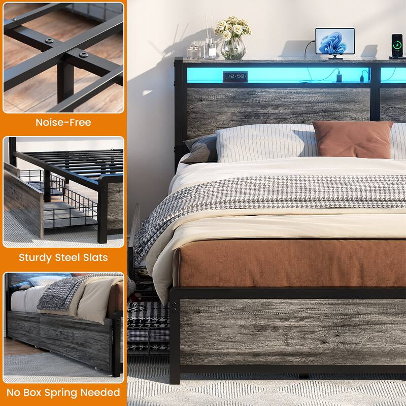 Platform Bed with Hiden Drawers, Bed Frame with Headboard and Charging Station